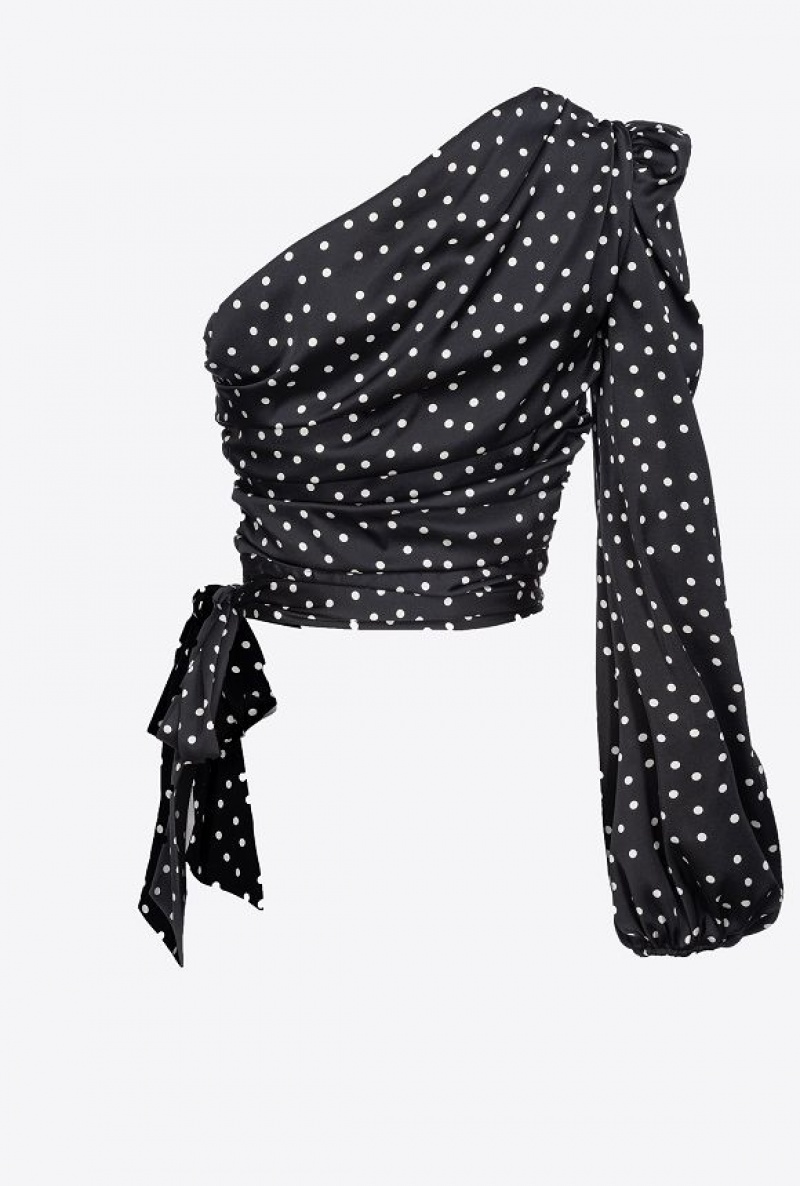 Pinko One-shoulder Polka-dot Blouse BLACK/WHITE | SN-PKO33297