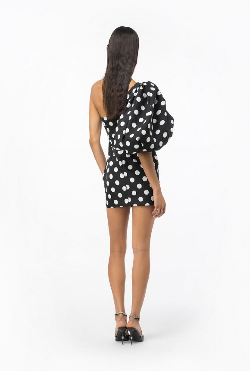 Pinko One-shoulder Polka-dot Mini Dress BLACK/WHITE | SN-PKO33049