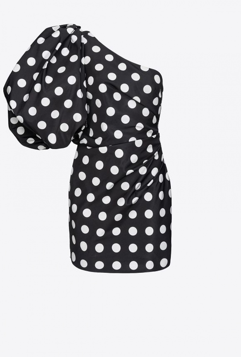 Pinko One-shoulder Polka-dot Mini Dress BLACK/WHITE | SN-PKO33049