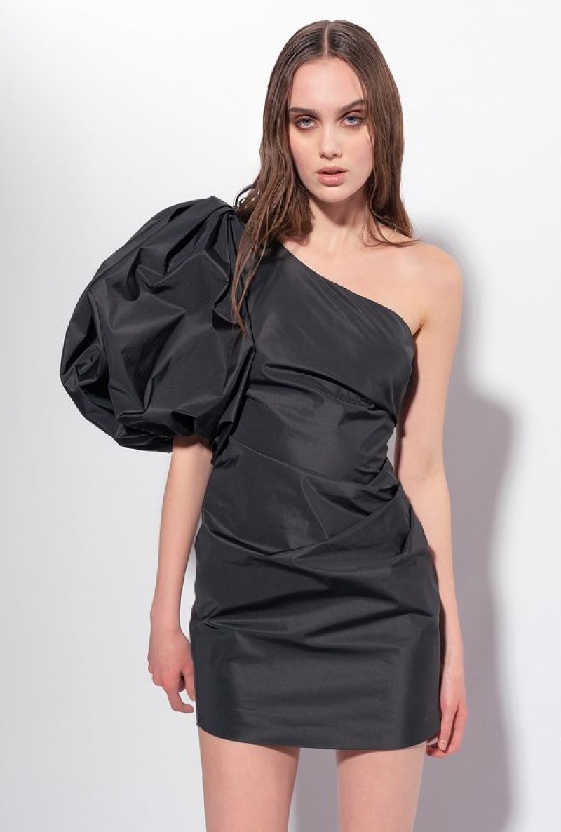 Pinko One-shoulder Taffeta Mini Dress LIMO BLACK | SN-PKO32999