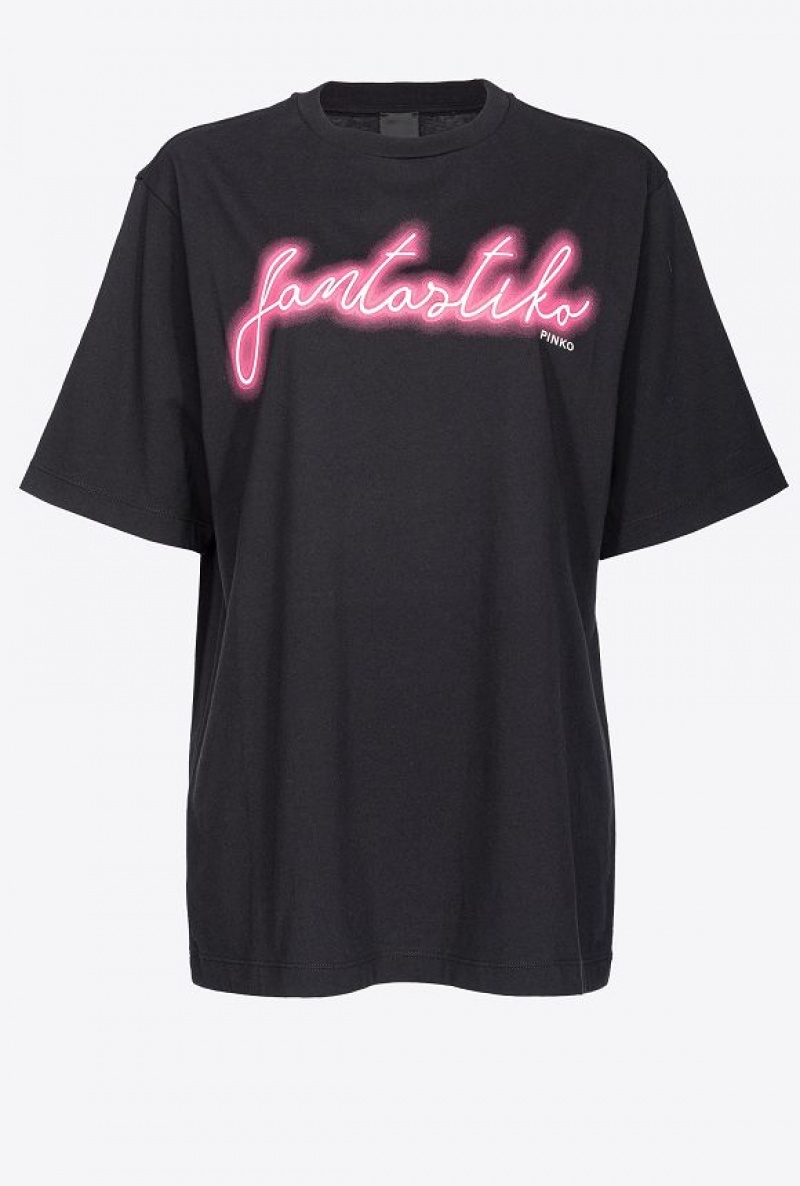 Pinko Oversized T-shirt With Fantastiko Print BLACK/FUCHSIA | SN-PKO33360