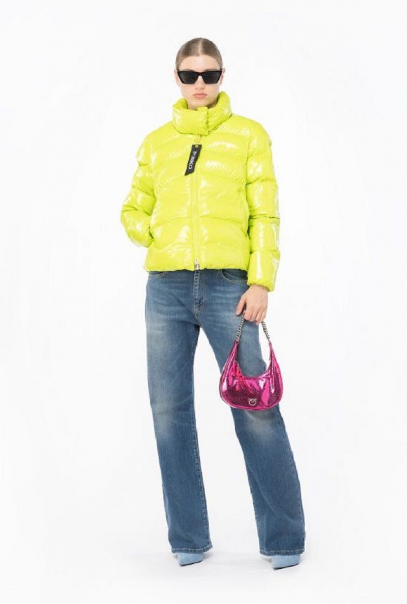 Pinko Padded Crystal Nylon Pea Jacket LIME YELLOW | SN-PKO33638