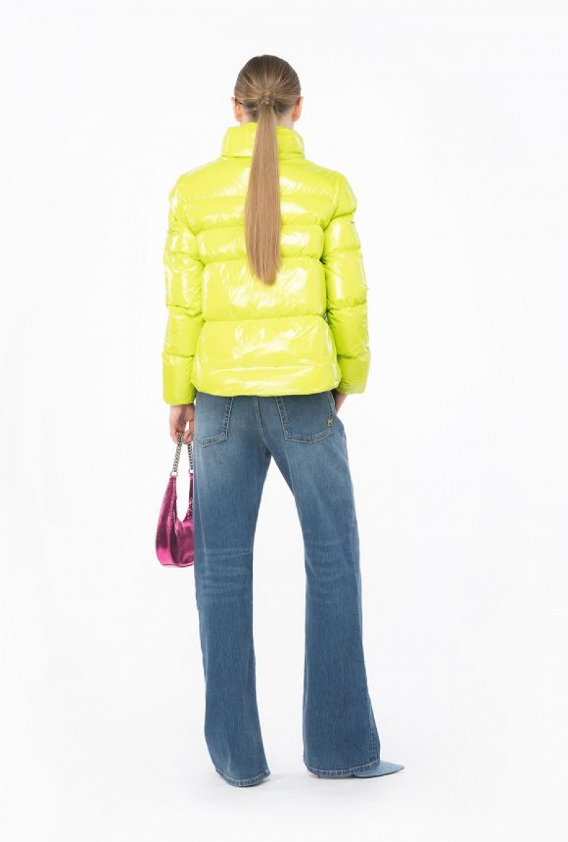 Pinko Padded Crystal Nylon Pea Jacket LIME YELLOW | SN-PKO33638