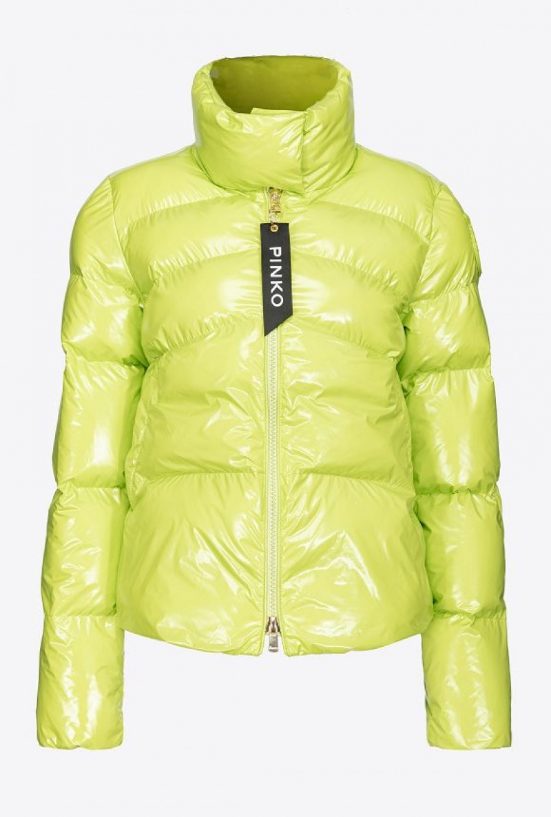 Pinko Padded Crystal Nylon Pea Jacket LIME YELLOW | SN-PKO33638