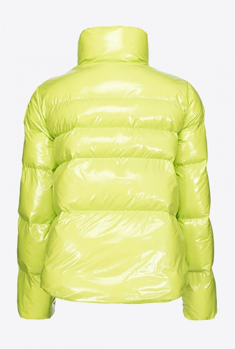 Pinko Padded Crystal Nylon Pea Jacket LIME YELLOW | SN-PKO33638