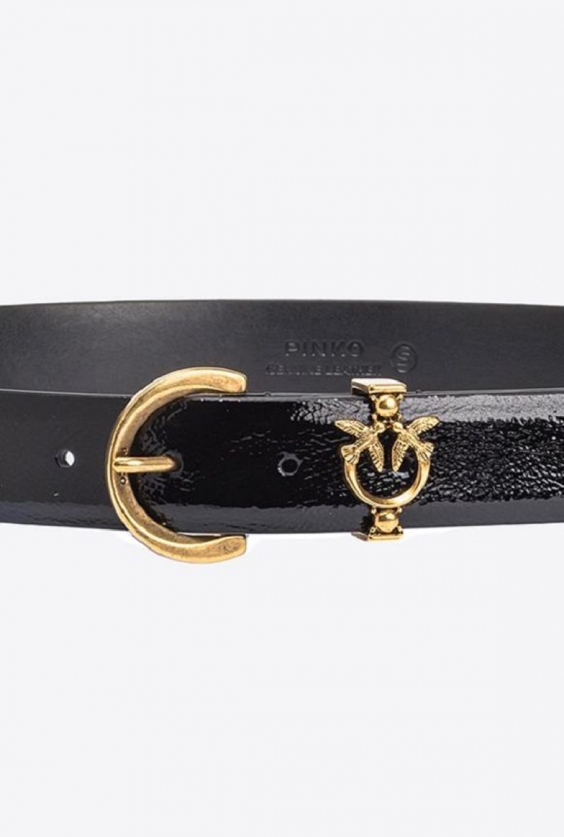 Pinko Patent Leather Belt With Love Birds Detail 3cm BLACK-ANTIQUE GOLD | SN-PKO34225