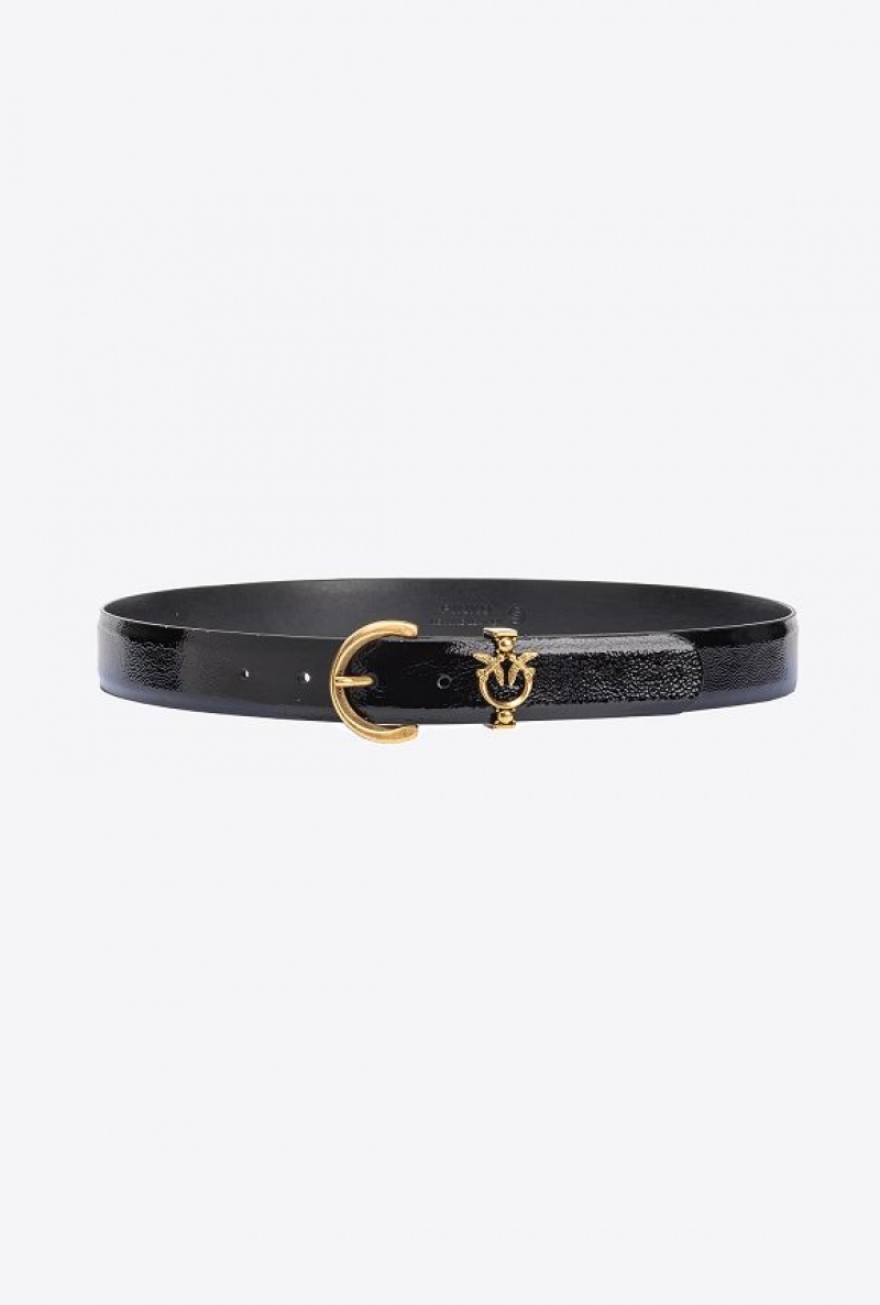 Pinko Patent Leather Belt With Love Birds Detail 3cm BLACK-ANTIQUE GOLD | SN-PKO34225