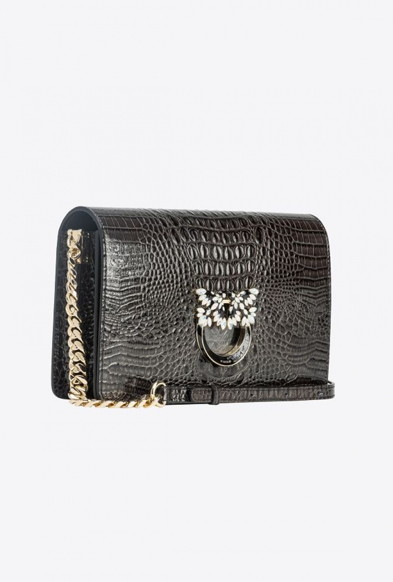 Pinko Pinko Galleria Classic Love Bag Click In Shiny Crocodile-print Leather BLACK-LIGHT GOLD | SN-PKO32910