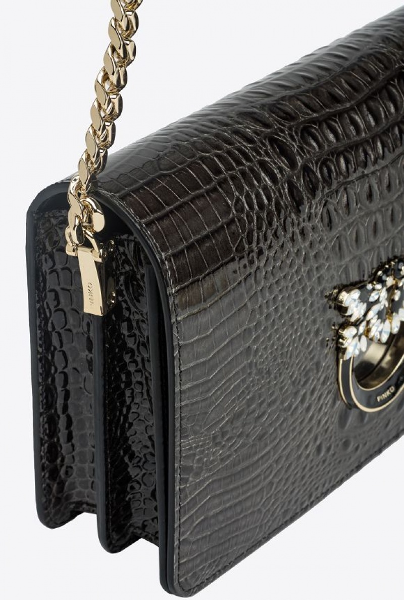 Pinko Pinko Galleria Classic Love Bag Click In Shiny Crocodile-print Leather BLACK-LIGHT GOLD | SN-PKO32910