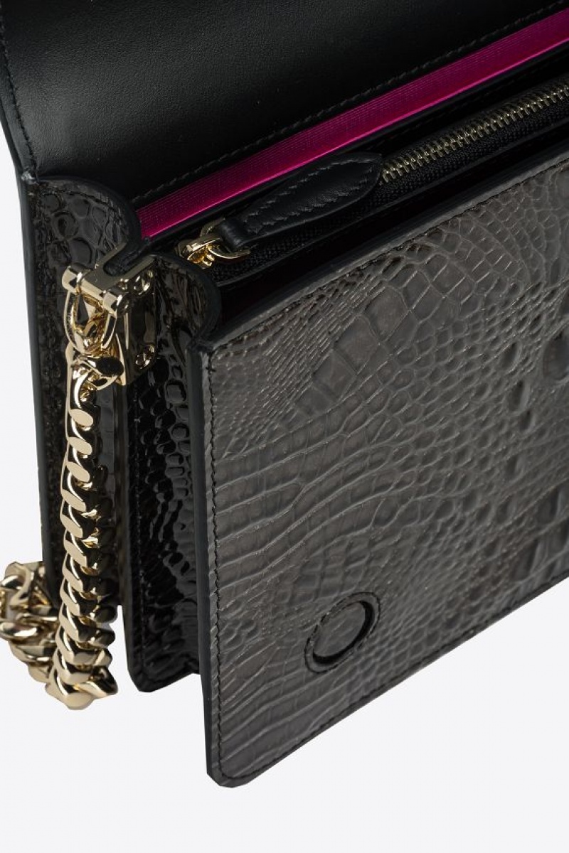 Pinko Pinko Galleria Classic Love Bag Click In Shiny Crocodile-print Leather BLACK-LIGHT GOLD | SN-PKO32910