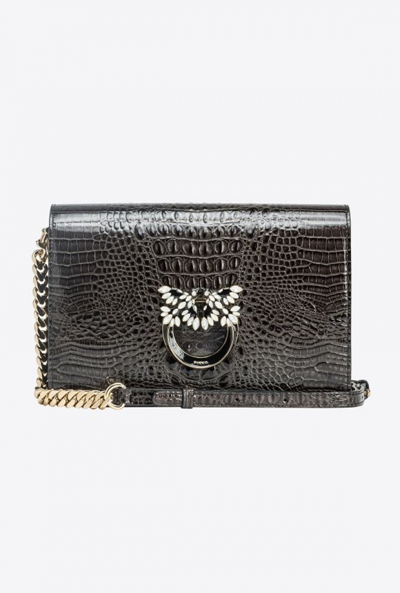 Pinko Pinko Galleria Classic Love Bag Click In Shiny Crocodile-print Leather BLACK-LIGHT GOLD | SN-PKO32910