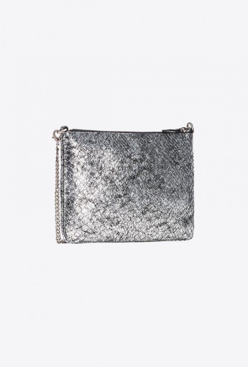 Pinko Pinko Galleria Crackle-effect Crocodile Flat Love Bag DARK SILVER-OLD SILVER | SN-PKO34299