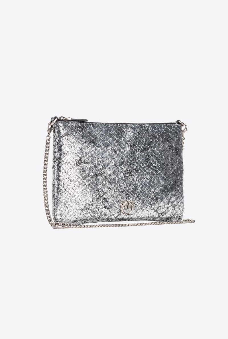 Pinko Pinko Galleria Crackle-effect Crocodile Flat Love Bag DARK SILVER-OLD SILVER | SN-PKO34299