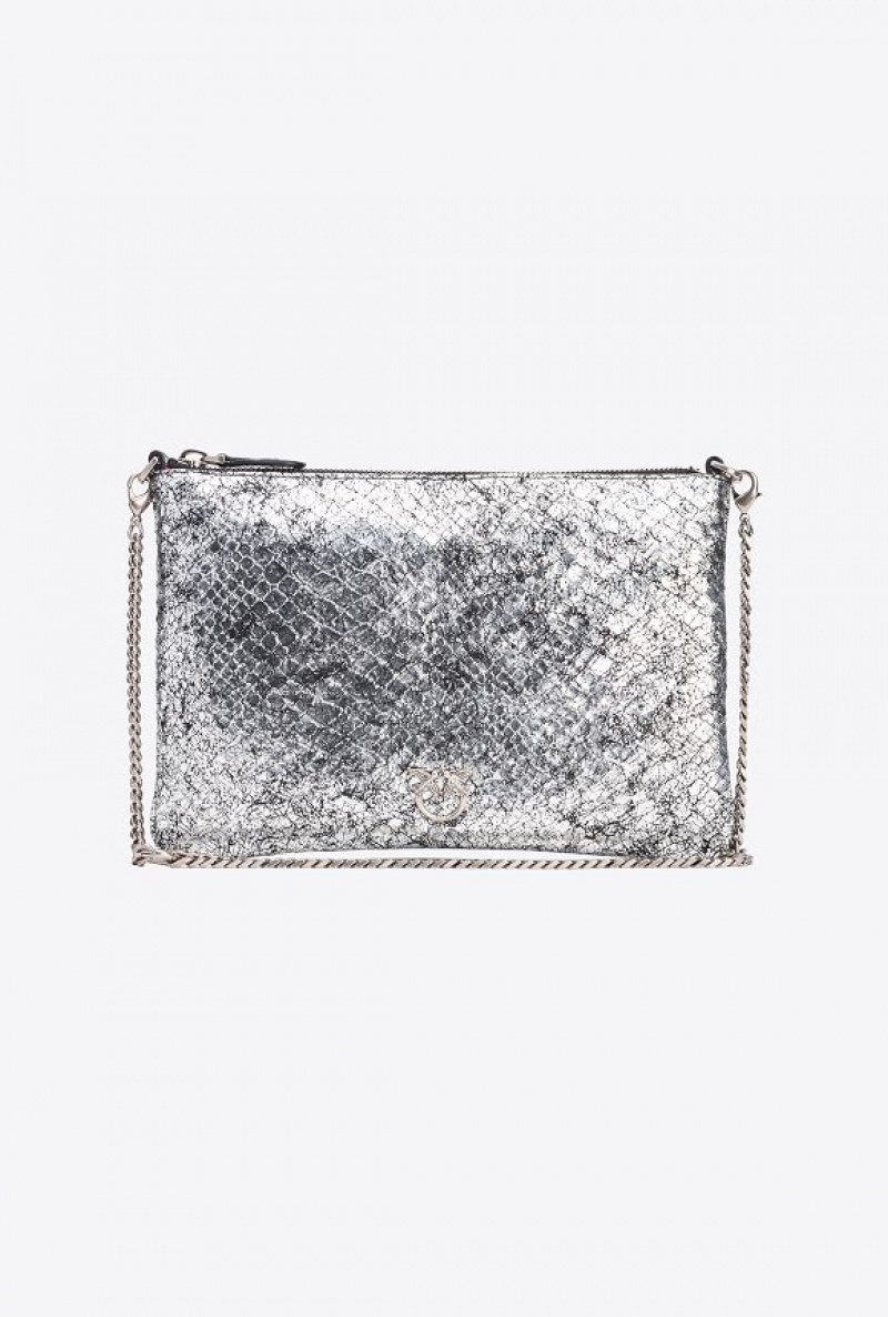 Pinko Pinko Galleria Crackle-effect Crocodile Flat Love Bag DARK SILVER-OLD SILVER | SN-PKO32948