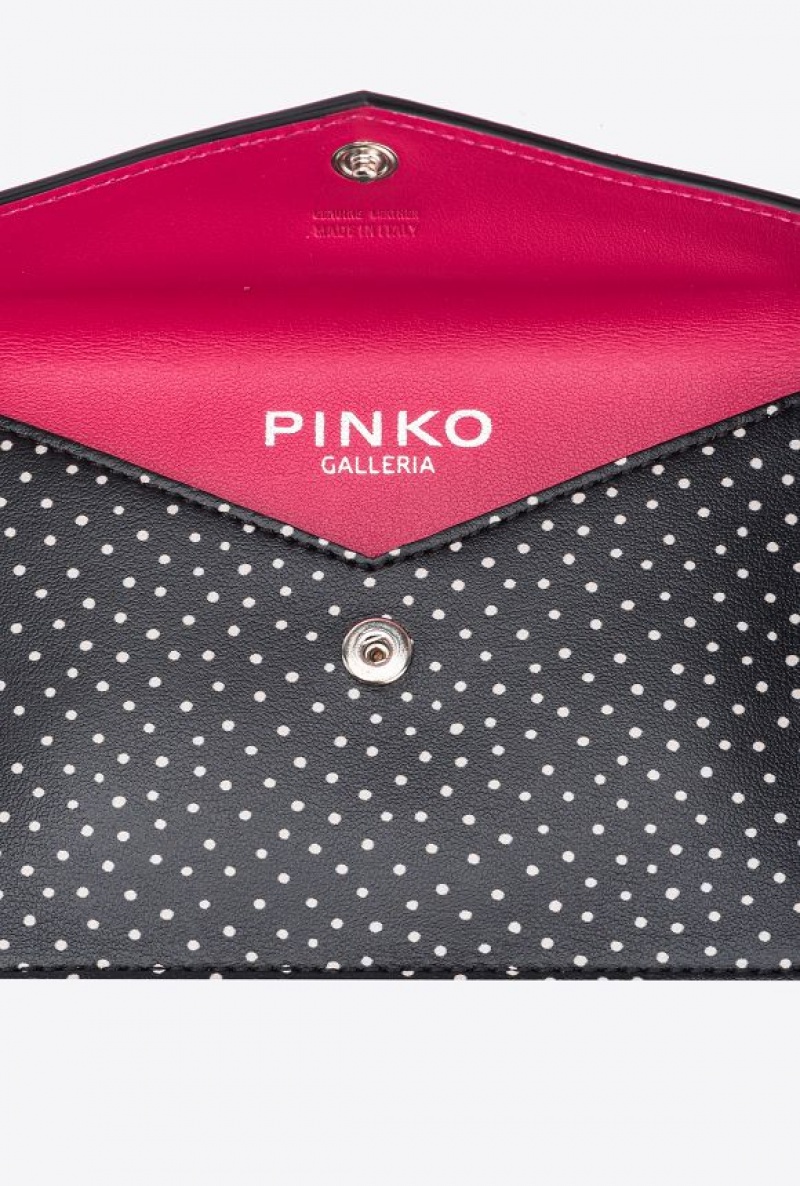 Pinko Pinko Galleria Flat Card Holder In Polka Dot-printed Leather BLACK/WHITE-OLD SILVER | SN-PKO34322