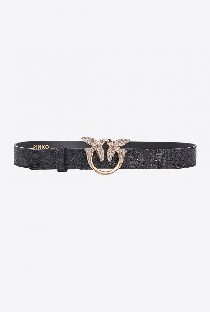 Pinko Pinko Galleria Glittery Reptile-print Belt With Love Birds 3cm BLACK-BRUSHED GOLD | SN-PKO34181