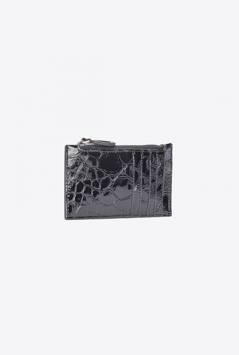 Pinko Pinko Galleria Glossy Crocodile-print Card Holder BLACK-OLD SILVER | SN-PKO34298