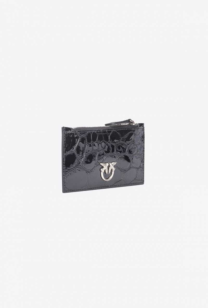 Pinko Pinko Galleria Glossy Crocodile-print Card Holder BLACK-OLD SILVER | SN-PKO34298