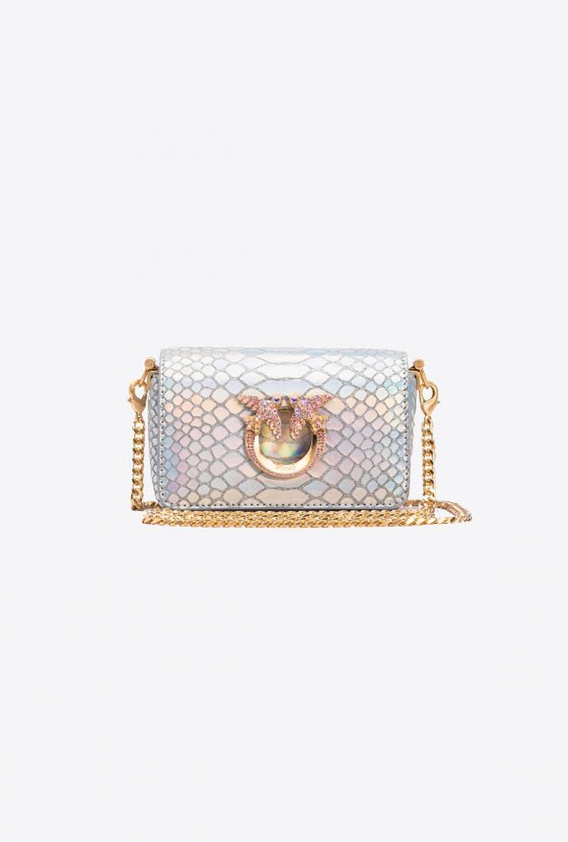 Pinko Pinko Galleria Micro Love Bag Click In Holographic Silver Reptile Skin LAMINATED SILVER-BRUSHED GOLD | SN-PKO32332