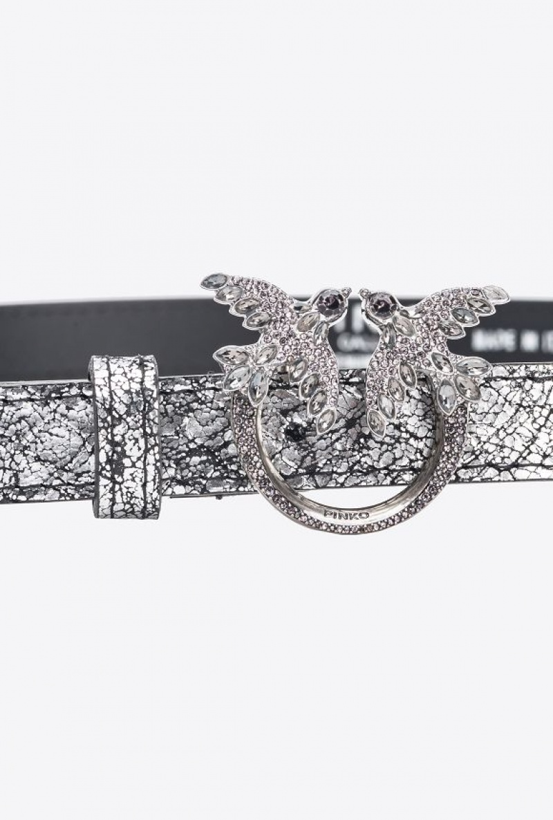 Pinko Pinko Galleria Thin Crackle-effect Crocodile Leather Belt With Love Birds 2cm SILVER-OLD SILVER | SN-PKO34178