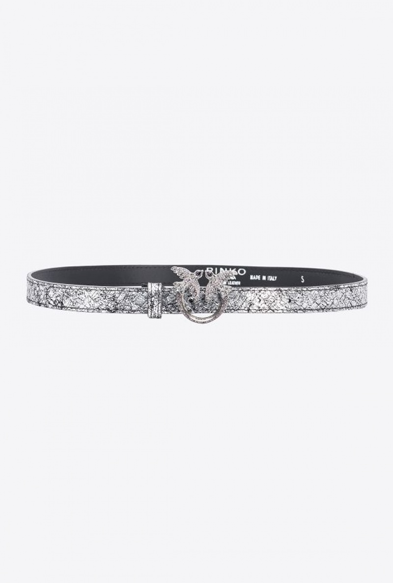 Pinko Pinko Galleria Thin Crackle-effect Crocodile Leather Belt With Love Birds 2cm SILVER-OLD SILVER | SN-PKO34178