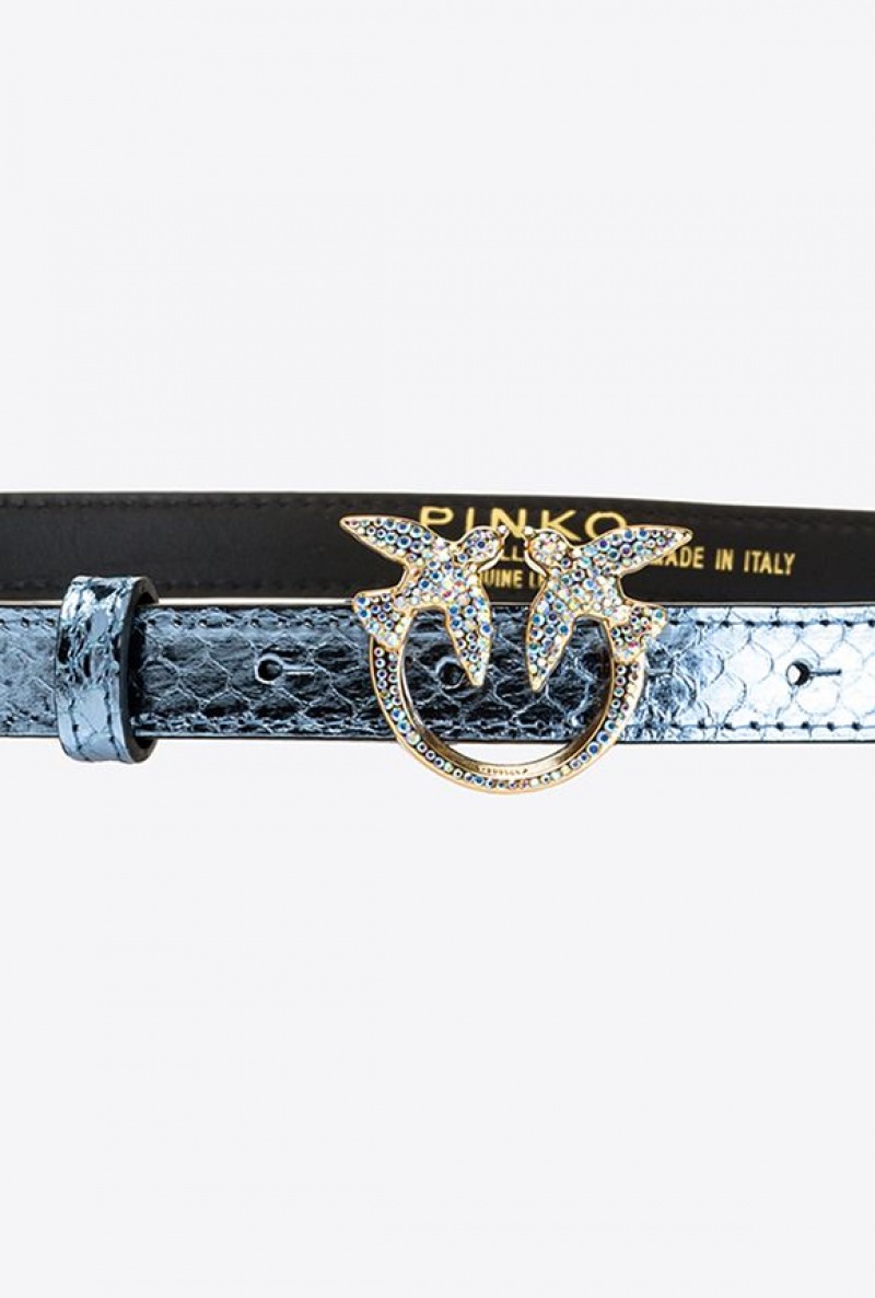 Pinko Pinko Galleria Thin Laminated Reptile Skin Belt LIGHT BLUE-SHINY GOLD | SN-PKO34191