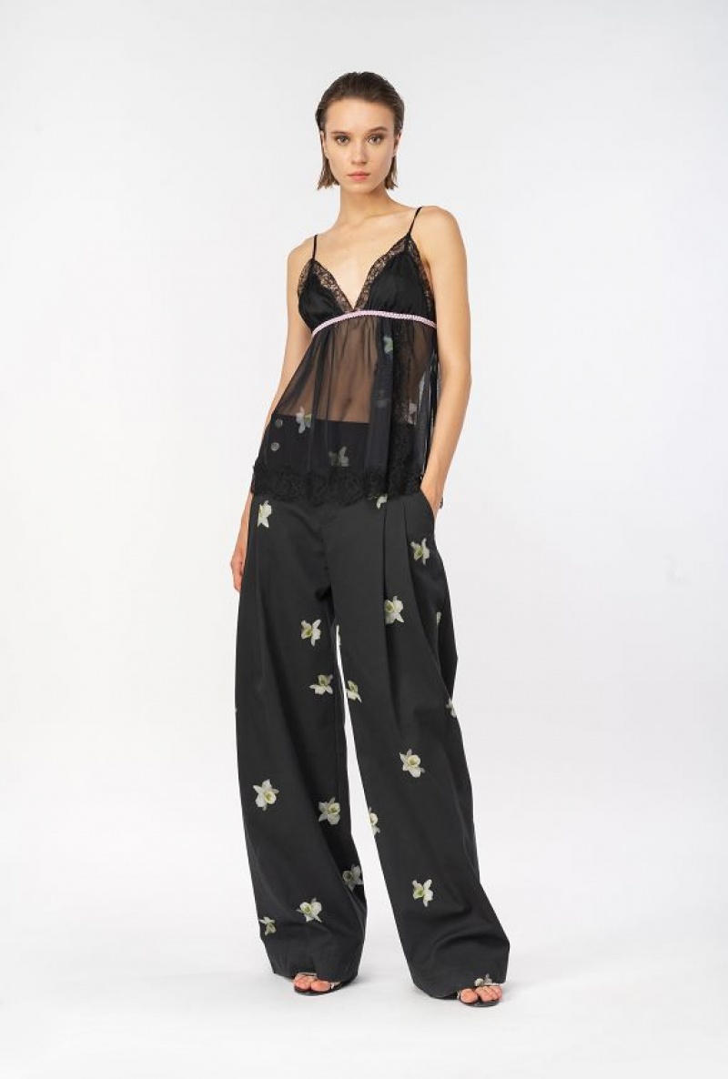 Pinko Pinko Reimagine Orchid-print Wide-leg Trousers By Patrick Mcdowell BLACK/WHITE | SN-PKO33729