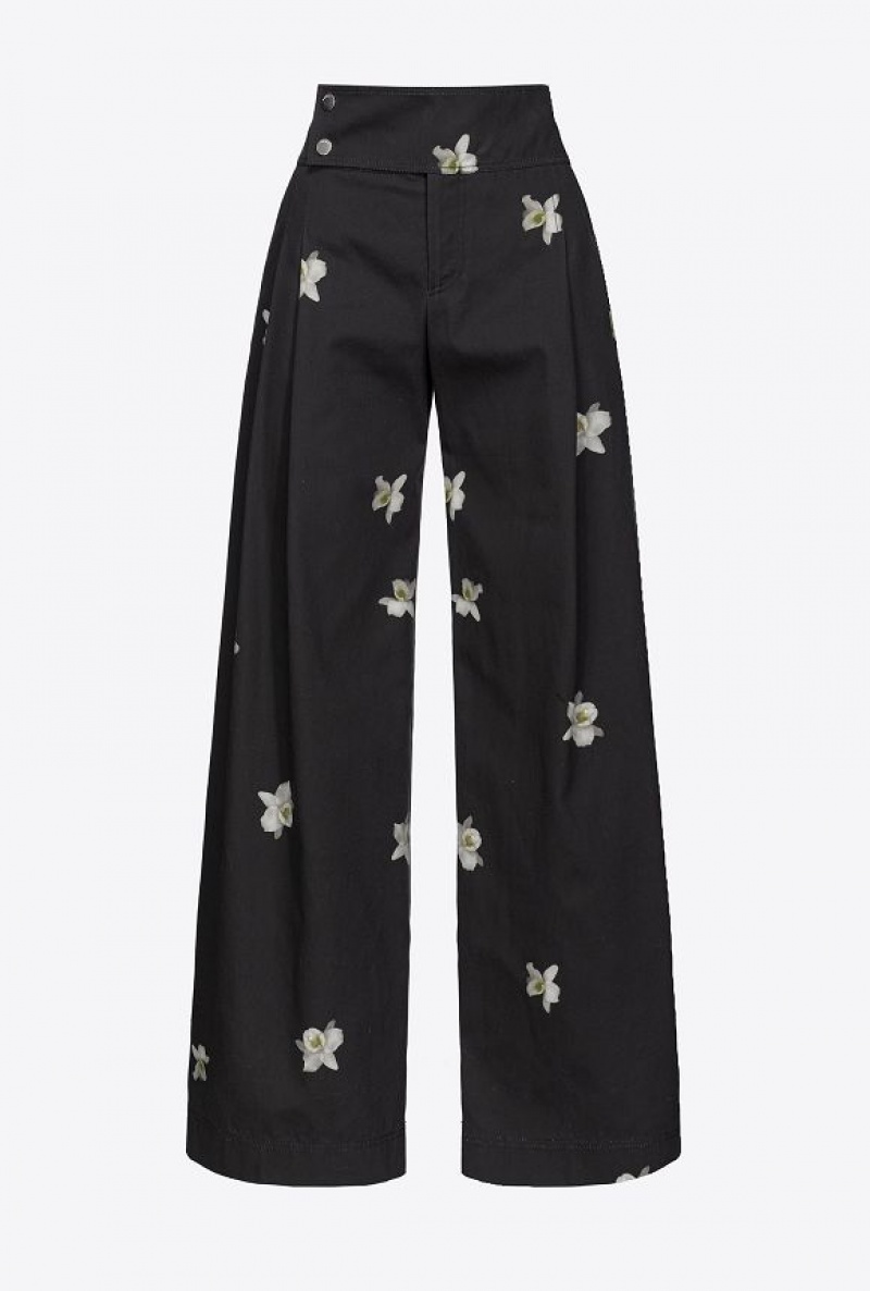 Pinko Pinko Reimagine Orchid-print Wide-leg Trousers By Patrick Mcdowell BLACK/WHITE | SN-PKO33729