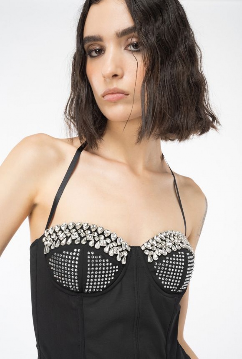 Pinko Pinko Reimagine Rhinestoned Bustier Top By Patrick Mcdowell LIMO BLACK | SN-PKO33245