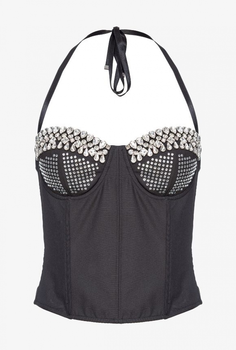 Pinko Pinko Reimagine Rhinestoned Bustier Top By Patrick Mcdowell LIMO BLACK | SN-PKO33245