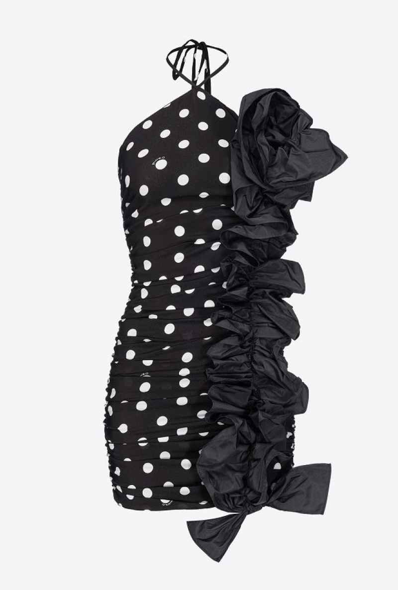 Pinko Polka-dot Mini Dress With Taffeta Ruching BLACK/WHITE | SN-PKO33050