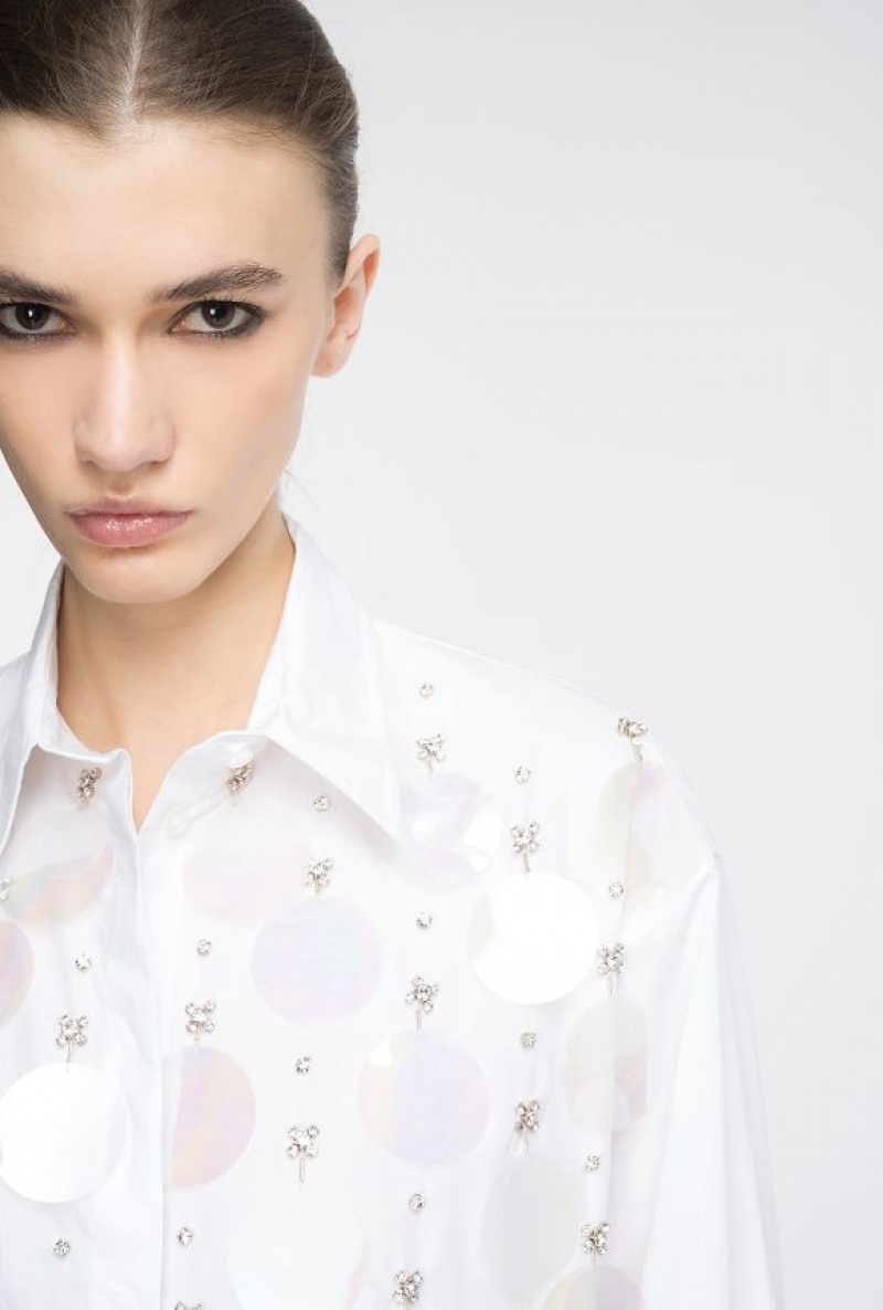 Pinko Poplin Shirt With Sequin Embroidery BRIGHT WHITE | SN-PKO33135