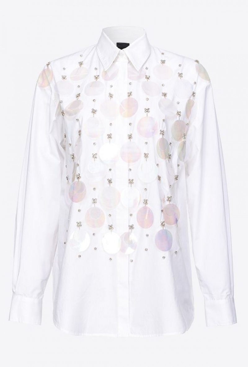 Pinko Poplin Shirt With Sequin Embroidery BRIGHT WHITE | SN-PKO33135