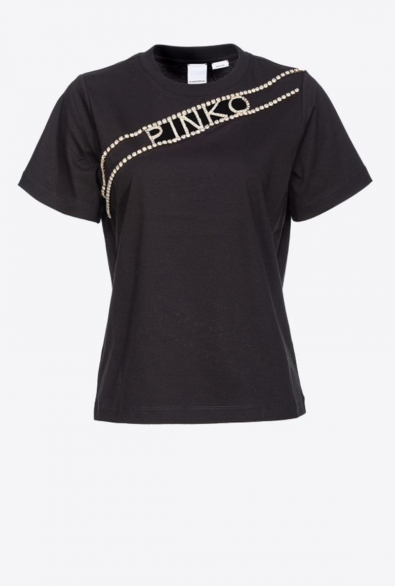 Pinko Rhinestone Logo T-shirt LIMO BLACK | SN-PKO33365