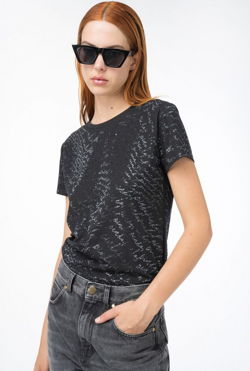 Pinko Rhinestoned T-shirt With Fluid Logo LIMO BLACK | SN-PKO33369