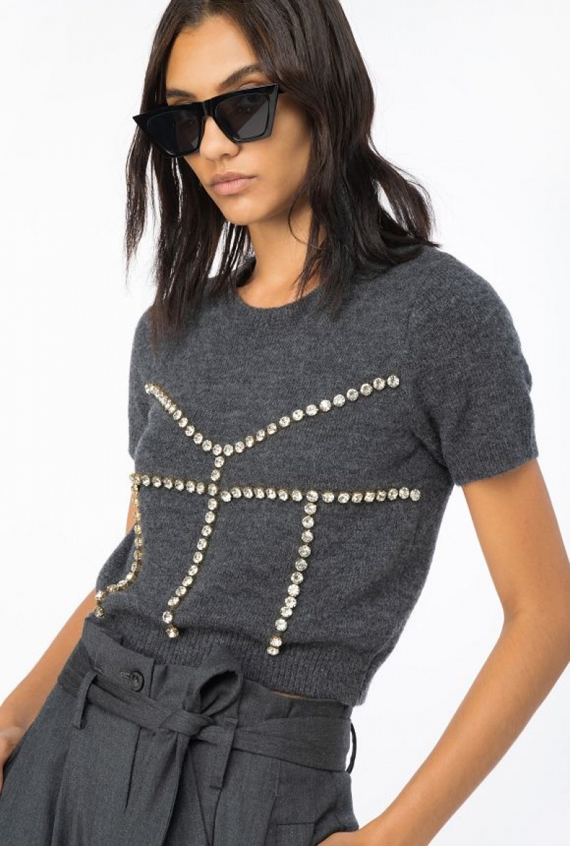 Pinko Rhinestoned Wool Sweater DARK GREY | SN-PKO33561