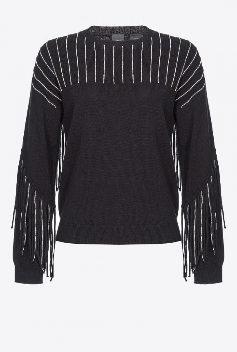 Pinko Rhinestone-fringe Pullover LIMO BLACK | SN-PKO33496