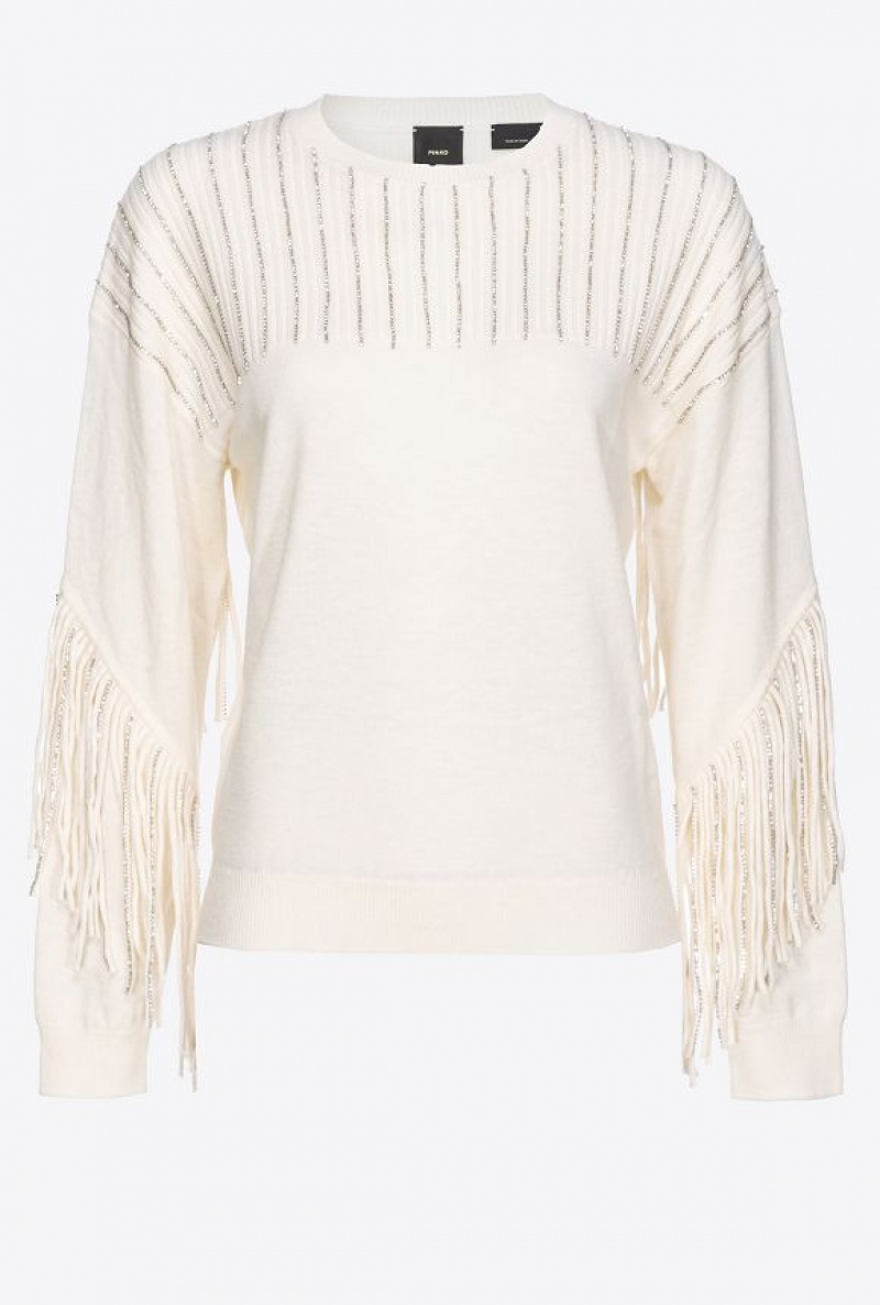 Pinko Rhinestone-fringe Pullover MILK WHITE | SN-PKO33549