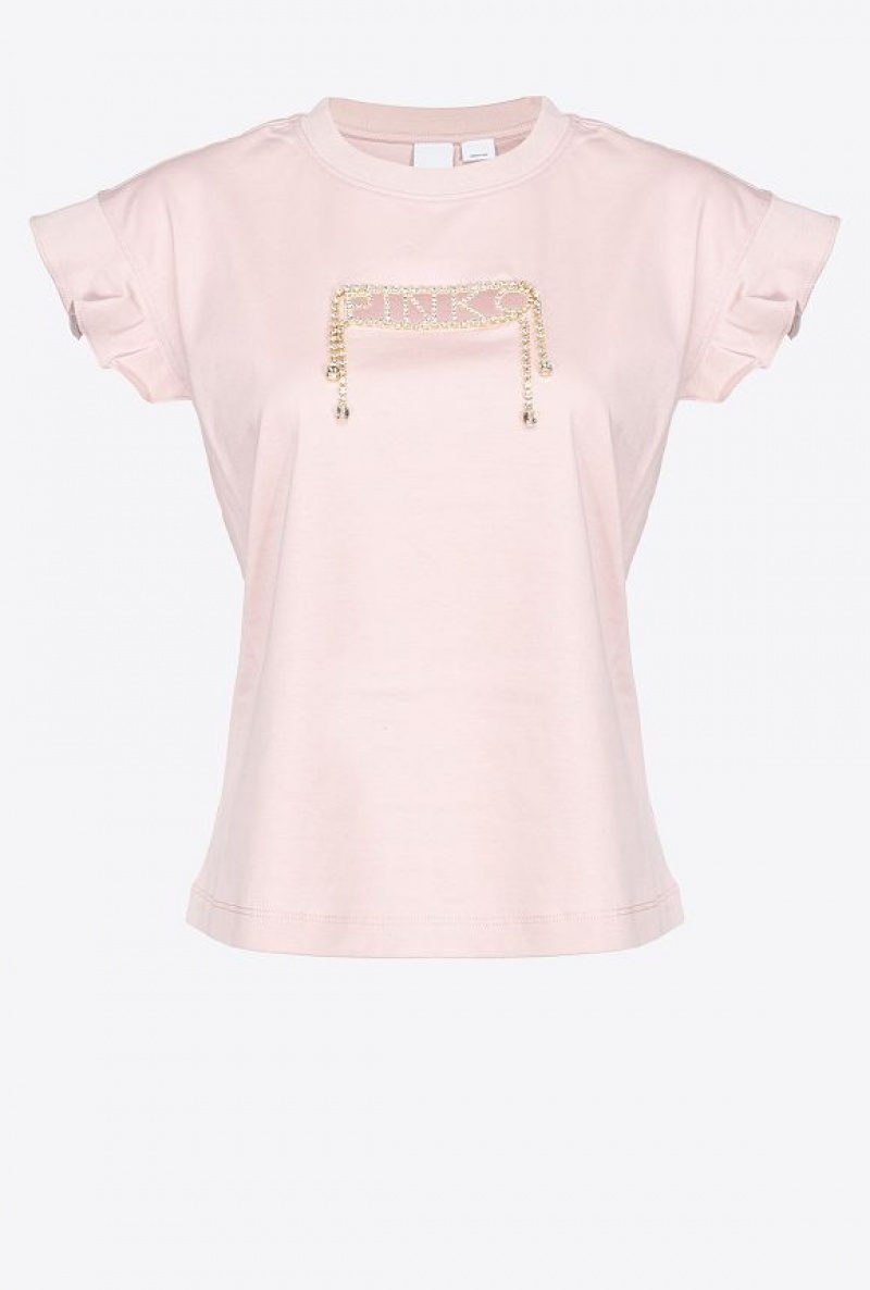 Pinko Rhinestone-logo T-shirt With Flounced Sleeves NUDE - BABY | SN-PKO33253