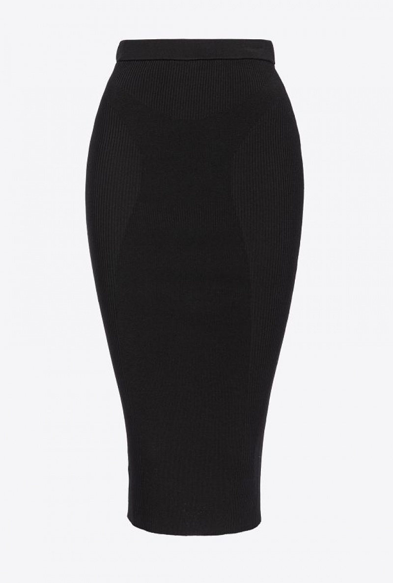 Pinko Ribbed Calf-length Skirt LIMO BLACK | SN-PKO34067