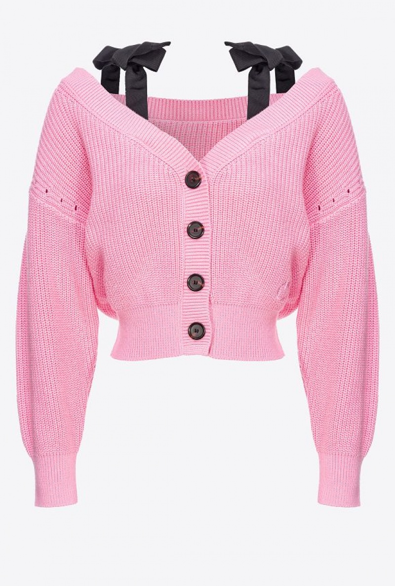 Pinko Ribbed Cardigan With Ribbon Shoulder Straps PALE PINK | SN-PKO33398