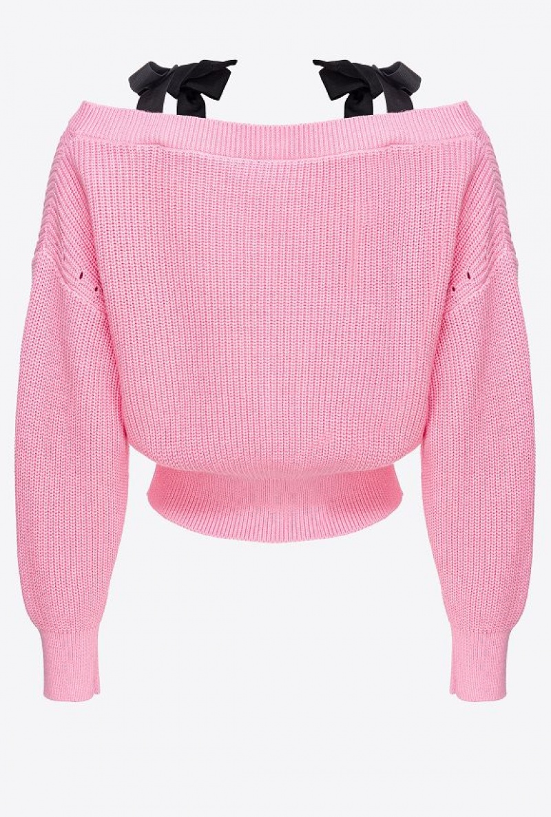 Pinko Ribbed Cardigan With Ribbon Shoulder Straps PALE PINK | SN-PKO33398