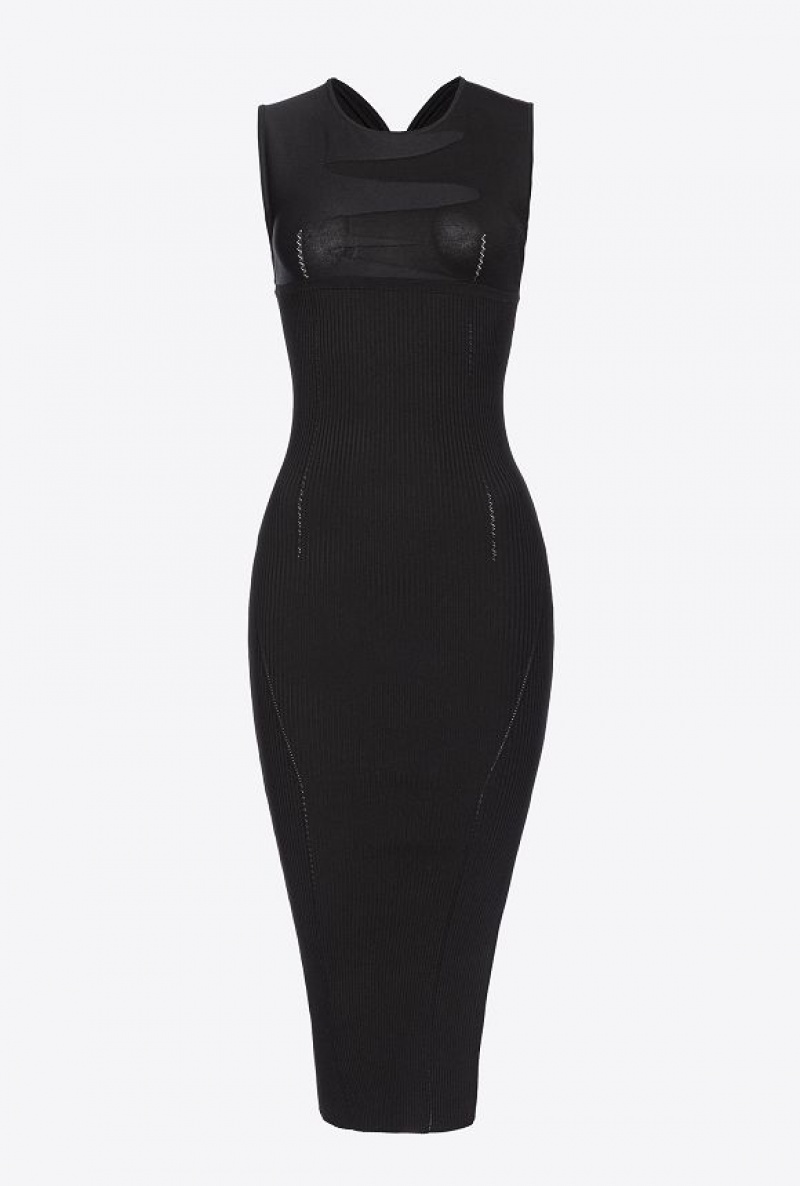 Pinko Ribbed Knit Calf-length Dress LIMO BLACK | SN-PKO33016