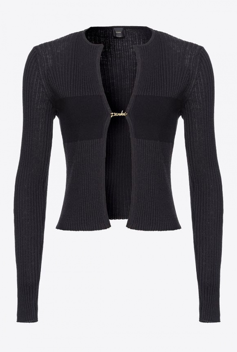 Pinko Ribbed Knit Open Cardigan LIMO BLACK | SN-PKO33465