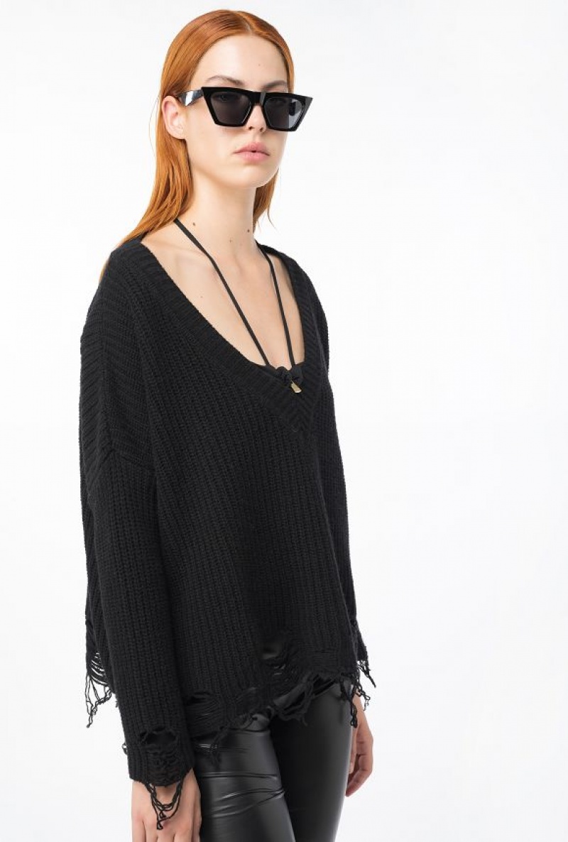 Pinko Ribbed Pullover With Rips LIMO BLACK | SN-PKO33436