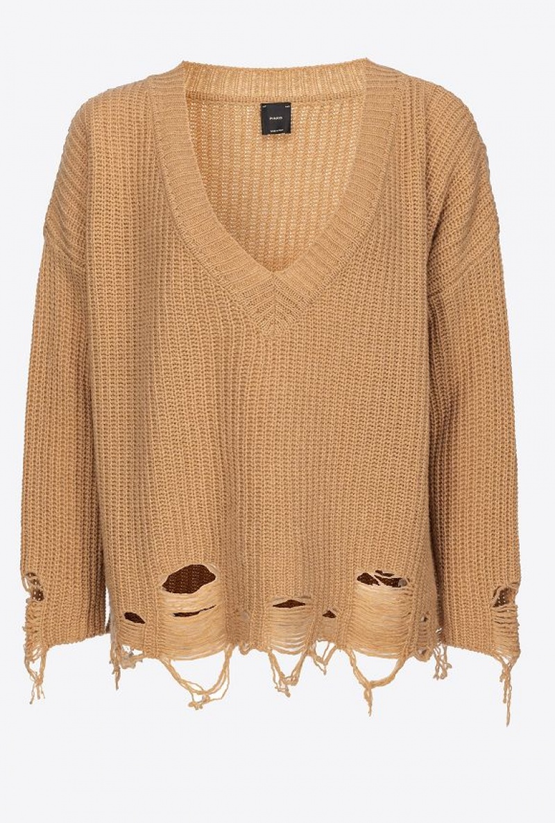 Pinko Ribbed Pullover With Rips TANNIN BEIGE | SN-PKO33457