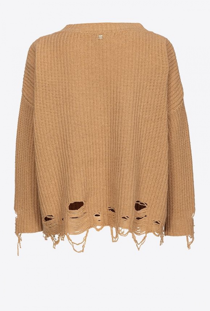 Pinko Ribbed Pullover With Rips TANNIN BEIGE | SN-PKO33457