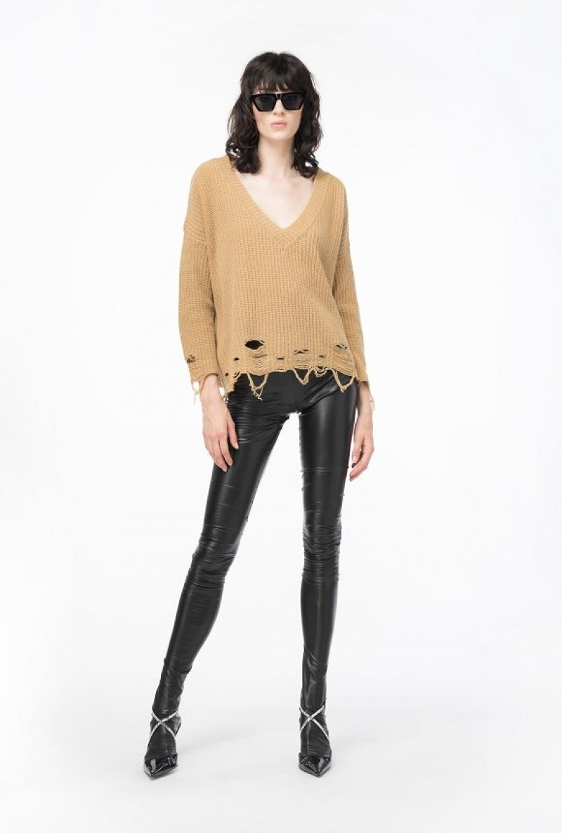 Pinko Ribbed Pullover With Rips TANNIN BEIGE | SN-PKO33457