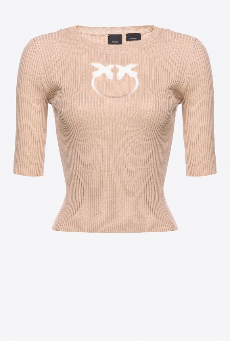 Pinko Ribbed Sweater With Transparent Love Birds Logo BEIGE-CHAMOIS | SN-PKO33403