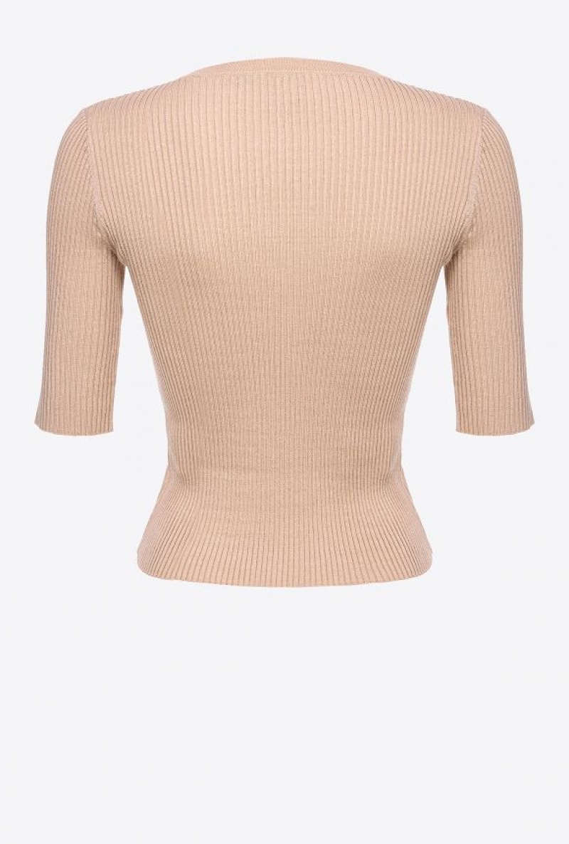 Pinko Ribbed Sweater With Transparent Love Birds Logo BEIGE-CHAMOIS | SN-PKO33240